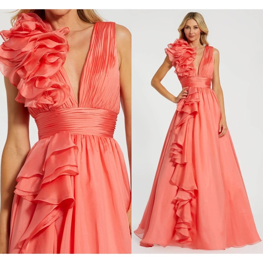 Mac Duggal Coral-Pink Ruffled One-Shoulder Maxi Gown